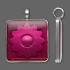 35x45mm Fuchsia Square Pendant with Flower - ea