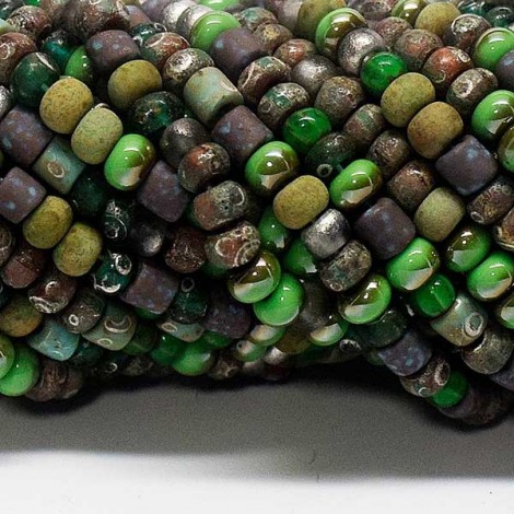 6/0 Czech Limited Edition Seed Beads - Aged Matted Green Envy Picasso Mix - Per Strand 6/0 Czech Limited Edition Seed Beads - Aged Matted Green Envy Picasso Mix - Per Strand