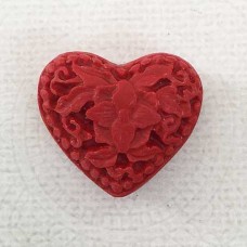 25x29.5mm Carved Red Faux Cinnabar Flat Heart Bead with Flower