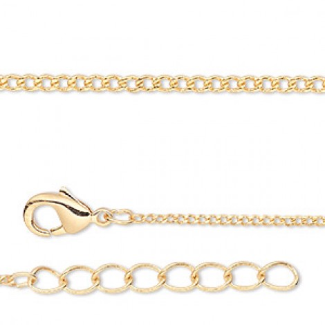 1mm 18in (45.7cm) Gold Plated Brass Curb Necklace with Extension Chain