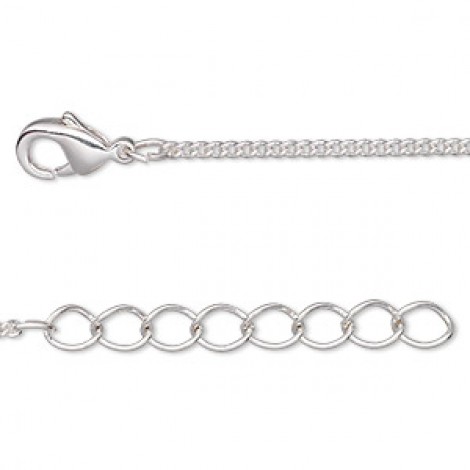 1.5mm 18in (45.7cm) Silver Plated Brass Curb Necklace with Extension Chain