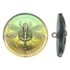 31mm Czech Dragonfly Glass Button - Olivine/Silver