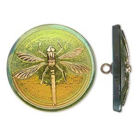 31mm Czech Dragonfly Glass Button - Olivine/Gold