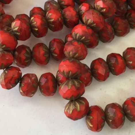 6x9mm Czech Cruller Beads - Ruby Red with Picasso Finish + Gold Wash - Pack of 4