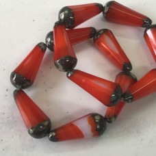 20x9mm Czech Faceted Dangle Drops - Scarlet Red + White with Picasso Finish - Pack of 2