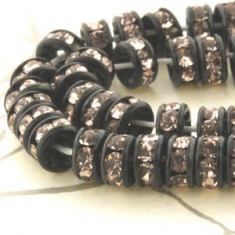 4.5mm Czech Quality Rhinestone Rondelles - Black-Lt Rosaline - Pack of 4 4.5mm Czech Quality Rhinestone Rondelles - Black-Lt Rosaline - Pack of 4