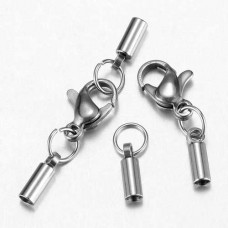 3mm ID Stainless Steel Cord End Cap Sets w-Jumprings & Lobster Clasp - Per Set