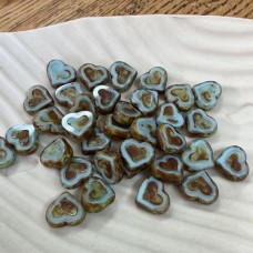 12x14mm Czech Table Cut Hearts - Milky Blue Picasso - Pack of 2