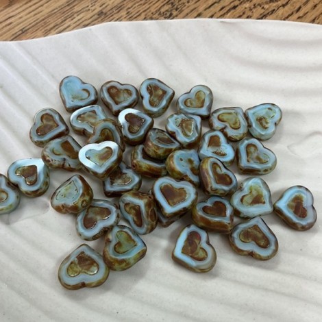 12x14mm Czech Table Cut Hearts - Milky Blue Picasso - Pack of 2 12x14mm Czech Table Cut Hearts - Milky Blue Picasso - Pack of 2