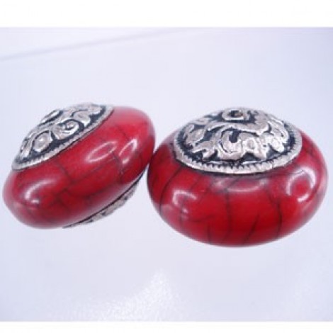 27x13mm Tibetan Red Coral & Sterling Rondelles